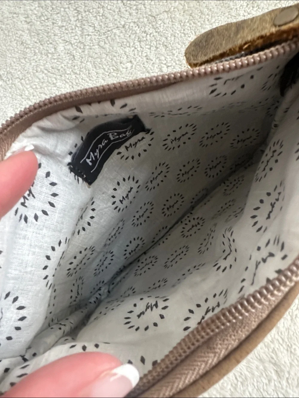 Myra Bag Upcycled Brown Leather Wristlet Clutch Neutral Woven Tapestry Boho